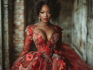Elegant woman in a vibrant floral gown poses in a rustic, abandoned building