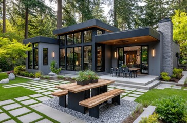 A modern single-story home with large windows and an outdoor patio area, featuring lush green grass and gray stone accents