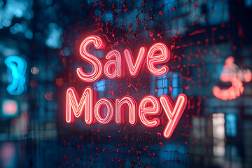 Digital neon sign displaying a financial message.