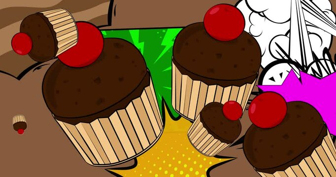 Cartoon, comic book human hands holding Cupcake. Retro vector comics pop art design.