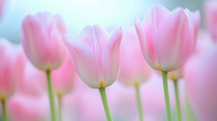 Fototapeta premium Delicate Pink Tulips with Water Droplets Macro Photography in Soft Lighting with Blurred Background