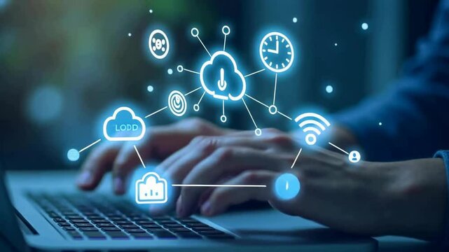 The video shows how a person's hands are typing on a glowing keyboard, and various digital icons hover above them, suggesting online communication and data exchange.