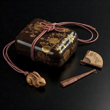 A lacquered inro box with gold floral inlays, tied with a silk cord and netsuke bead carved as a rabbit, rests on a black background. A small folding fan 