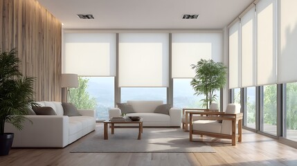 Fototapeta premium Modern interior featuring automatic roller blinds, wooden decor panels, and electric sunscreen curtains in a bright living space