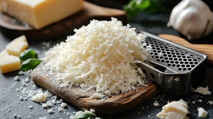 Grated cheese on a wooden board with garlic and basil in background.