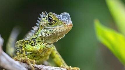 Detailed Close Up of a Vibrant Green Spiny Lizard Resting on Branch in Lush Green Nature Setting
