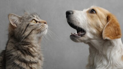 Fototapeta premium Close-up view of a cat and a dog facing each other.