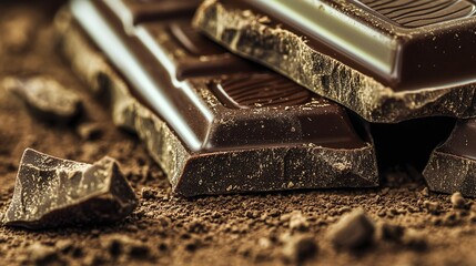 Close-up view of dark chocolate pieces and bars.