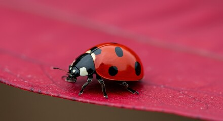 Naklejka premium Ladybug on crimson leaf