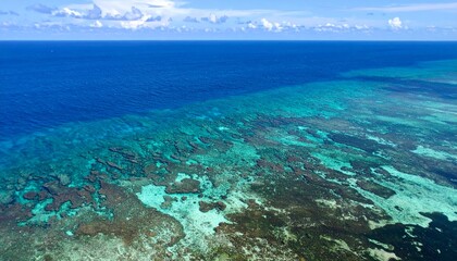 Obraz premium Aerial view of vibrant turquoise ocean waters and coral reefs under a sunny blue sky offering a stunning seascape