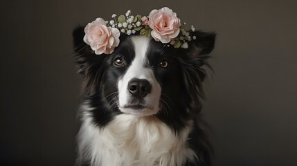 A sheepdog sitting proudly with a flower crown