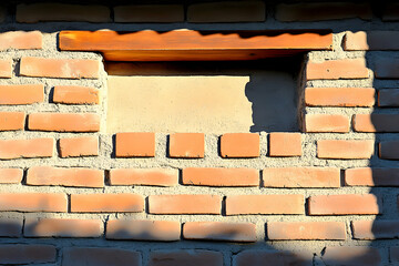 Obraz premium Sunlit brick wall with a small, recessed window and a wooden lintel. Architectural detail showcasing texture and light.