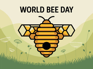 World Bee Day Vector Art with Beehive and Honeycomb Background