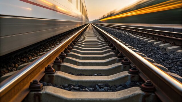 Parallel train tracks stretch into the distance, flanked by moving trains, creating a sense of speed and motion.