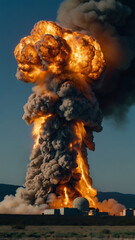 Fototapeta premium <Rising Fire Smoke and Explosion: Aerial View of Surreal Destruction in Chaotic Landscape>