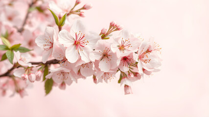 Cherry blossoms bloom against a soft pink background, reflecting the serene beauty of spring. With copy space, it&rsquo;s perfect for cards, Mother&rsquo;s Day, and weddings