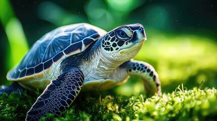 Obraz premium Detailed Turtle on Vivid Green Moss with Blurred Background Close Up Wildlife Photography