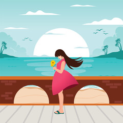 Flat Illustration of a Girl holding Sun Flower with Summer Beach Background