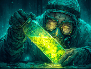 a suspenseful digital illustration of a scientist in a hazmat suit examining a vial of a glowing green zombie virus in a dimly lit laboratory