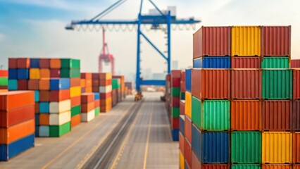 Fototapeta premium Colorful shipping containers stacked at a port with a crane in the background, emphasizing logistics and transportation.