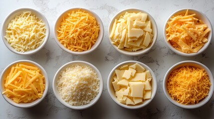 Eight bowls filled with different types of cheese on a neutral surface.