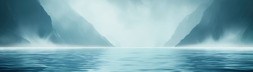 Naklejka premium A serene mountain lake with misty cliffs and calm, reflective water under a soft, blue light.