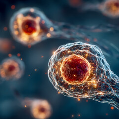 3D render of a cell, close-up view, with a blue background and cells floating around it.