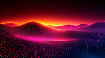 Neon hills landscape at sunset under starry night sky
