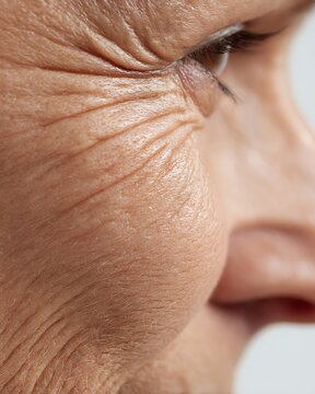 Close-up of delicate aging skin texture. Wrinkles, thin skin, and age spots, captured with high clarity.