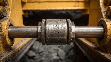 Close-up of a heavy machinery component, showcasing a metallic bearing surrounded by dirt and dust in an industrial setting.