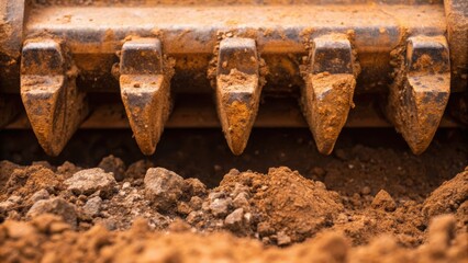 Heavy machinery track with sharp teeth digging through dirt and gravel, showcasing construction work in progress.