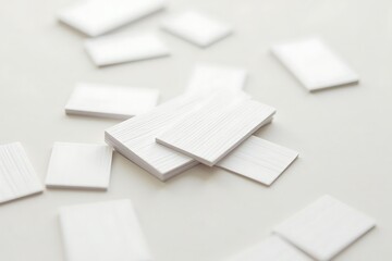 Pile Of Small Blank White Cards Scattered On A White Surface, creative material, business cards