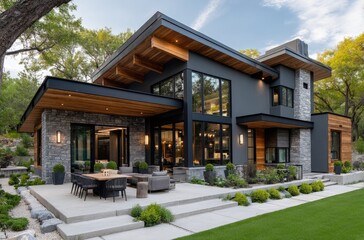 A modern single-story home with large windows and an outdoor patio area, featuring lush green grass and gray stone accents