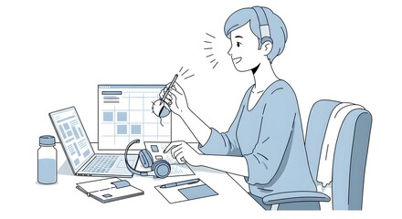 Young Professional Woman Working on Digital Project in Modern Workspace with Laptop and Notepad