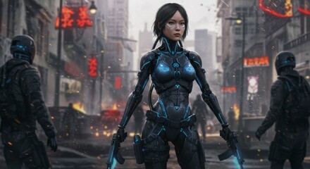 Fototapeta premium Futuristic cyborg woman in urban setting
