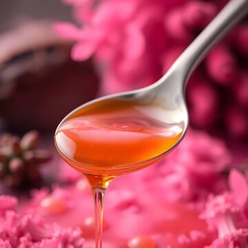 white background A close-up, hyper-realistic photograph of a shiny stainless steel tablespoon filled with golden, viscous honey. The honey glistens under soft, warm lighting, capturing glass of honey