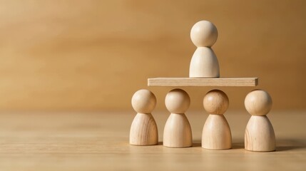 Wooden figures represent leadership and teamwork, a concept of shared responsibility and collaborative effort, symbolizing unity and mutual support.