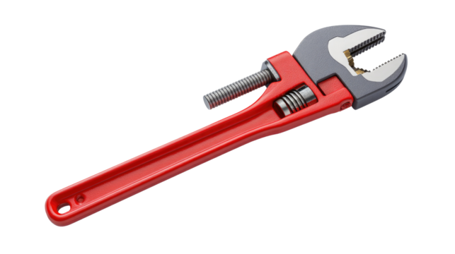Adjustable Wrench: A detailed shot of an adjustable wrench, featuring a vibrant red handle and meticulously crafted metal components, symbolizing mechanical precision and the power of tools.