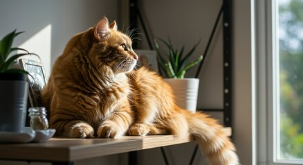 Ginger cat relaxing on shelf