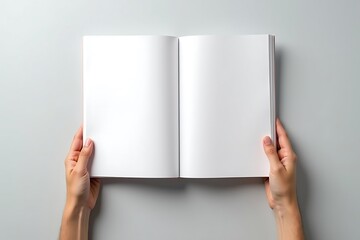 Two Hands Holding Open A Blank White Book On A Gray Background, ready to write, ready to draw, blank paper, Mockup