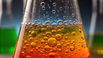 Colorful liquid in a laboratory flask with bubbles, showcasing a scientific experiment or chemical reaction.