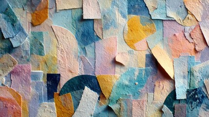 Fototapeta premium Explore this beautiful paper collage texture with layered pastel scraps, perfect for artistic backgrounds, mixed media projects, and creative designs. Soft, vintage, and handmade