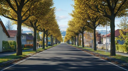 Naklejka premium Autumnal European residential street scene, tranquil atmosphere, possible use for real estate or tourism