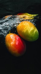 Fresh Mangoes Under Water with Bubbles and Dark Background
