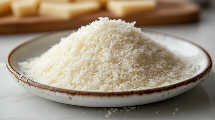 Grated cheese pile on a plate with cheese cubes on a wooden board.