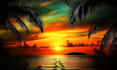 Fiery tropical sunset over calm ocean, framed by palm fronds.  Perfect for travel, vacation, or relaxation themes.
