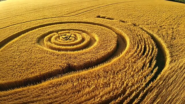 Golden wheat field with crop circle design.