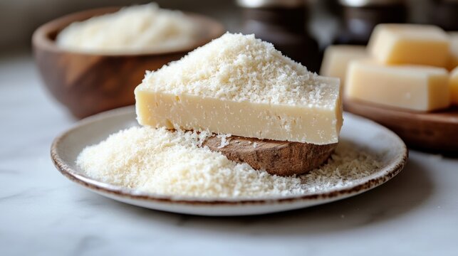 Cheese block and grated cheese on a plate with wooden bowl in background.