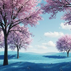 Pastel Pink Blossom Trees, Serene Blue Meadow