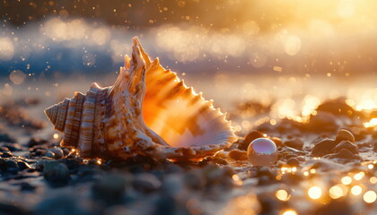 Beautiful open seashell with a pearl on the beach